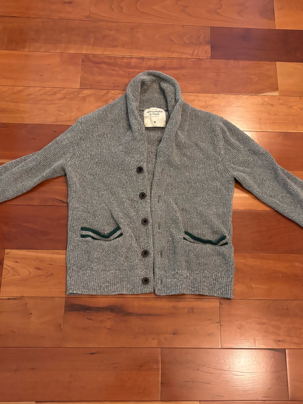 Abercrombie & Fitch Gray Shawl-Collar Cardigan with Green Pocket Trim